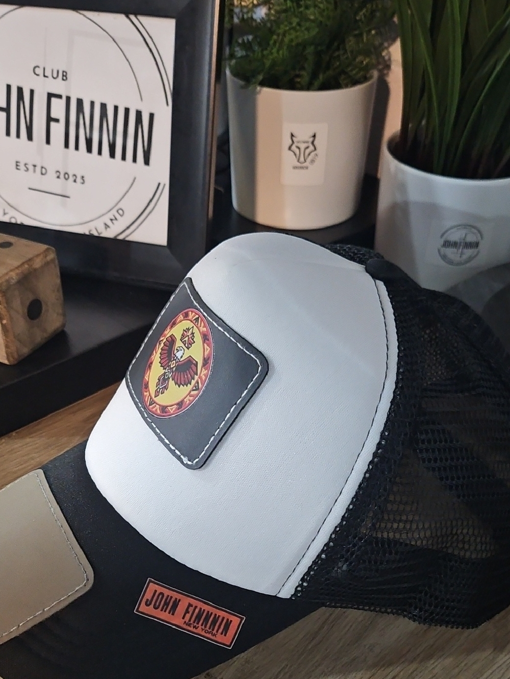 John Finnin White & Black Trucker Hat with Patch